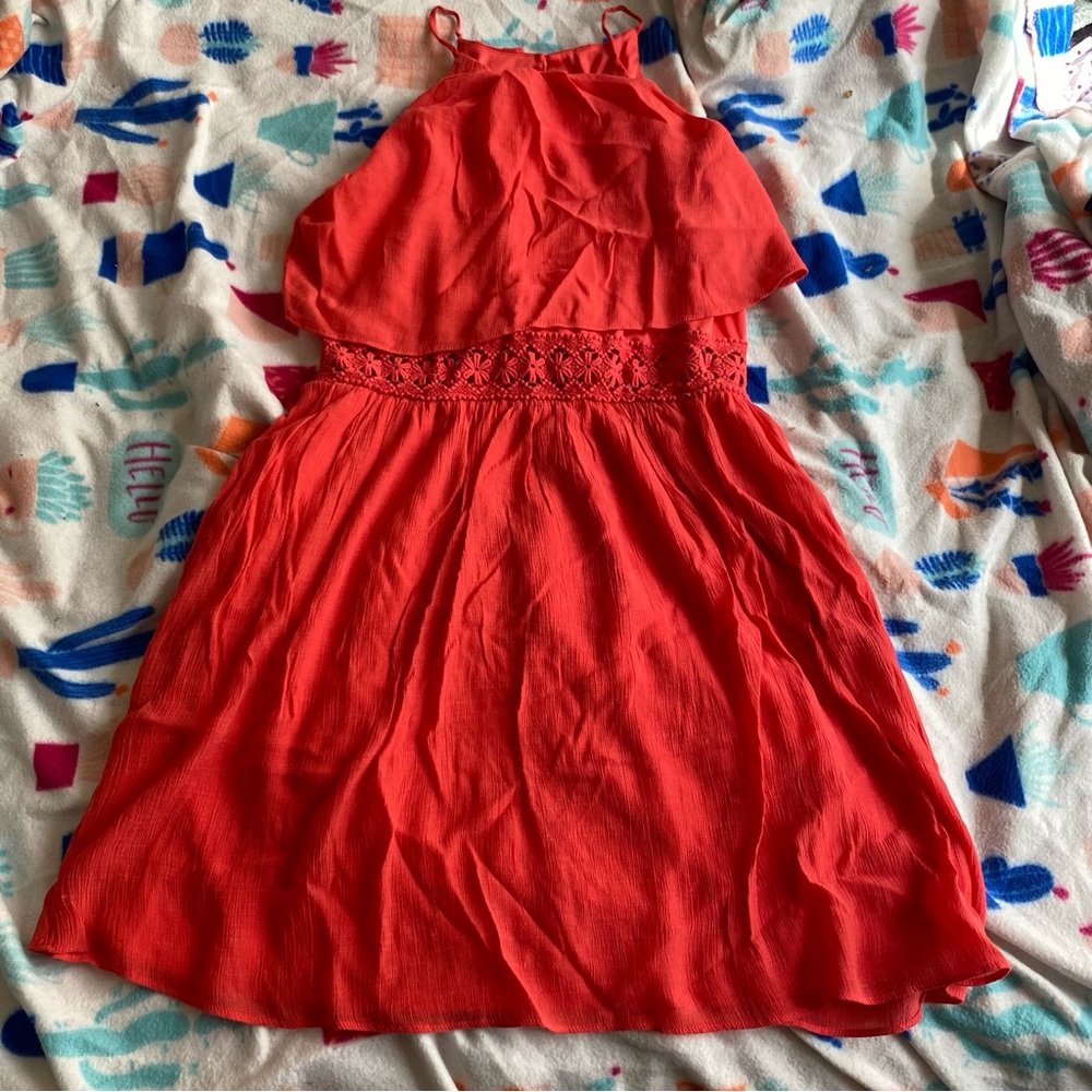 IZ Byer Juniors Size 13 Cantaloupe Sleeveless High-Neck Dress with Embroidery